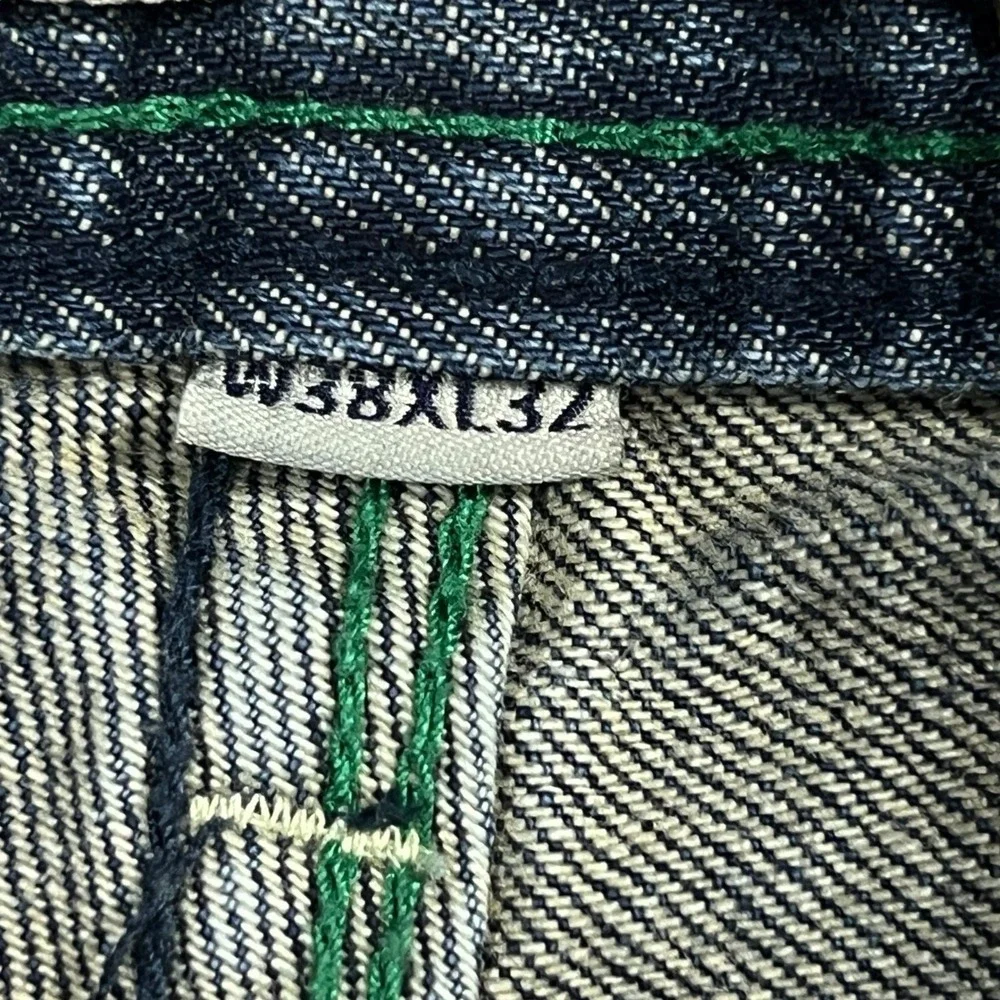Flypaper‎ Jeans Mens 38x32 Blue Distressed Bootcut Denim Whiskered Green Thread